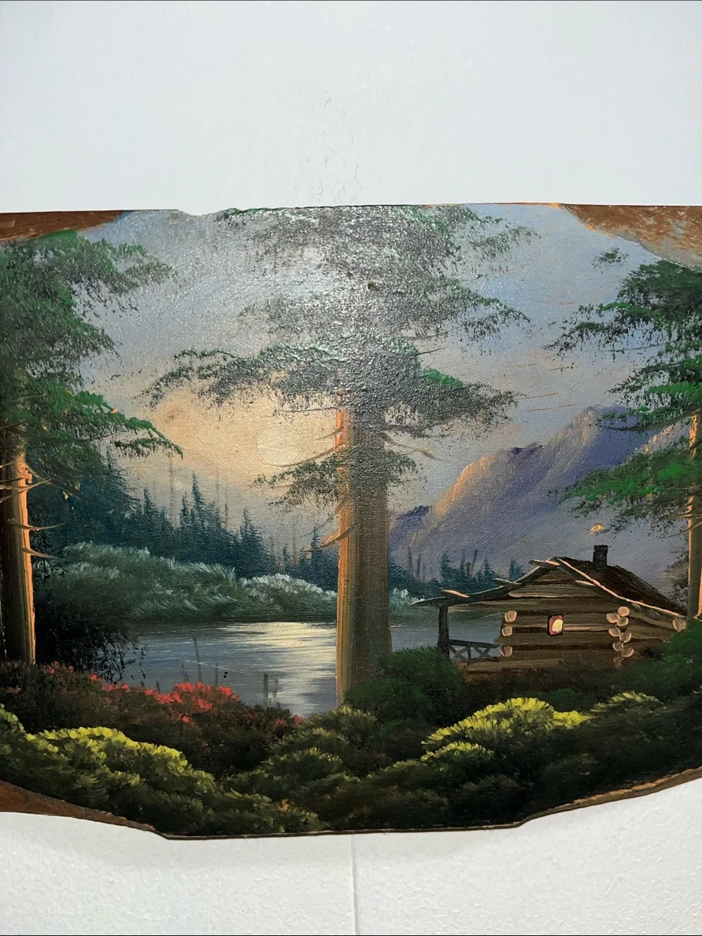 Hand painted wood cabin scene (Joe Breckenridge) possibly wall decor